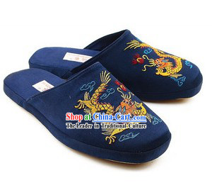 Chinese Handmade Bu Ying Zhai Embroidered Dragon Satin Slippers for Men