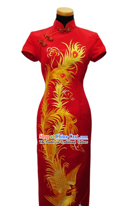 Chinese Classic Embroidered Golden Phoenix Wedding Qipao