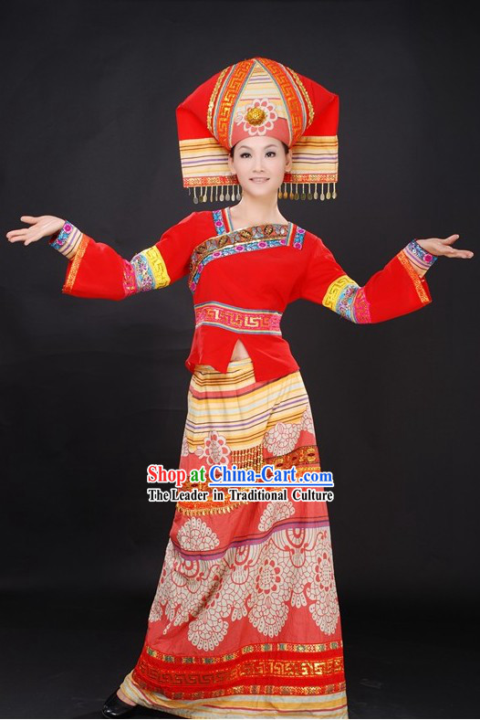 Chinese Ethnic Wedding Dress and Hat Complete Set