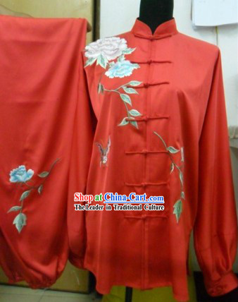 Traditional Chinese Red Flower Silk Wushu Clothing
