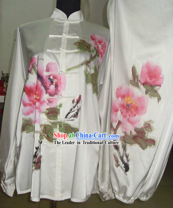 Traditional Chinese Silk Hands Painted Peony Kung Fu Uniform