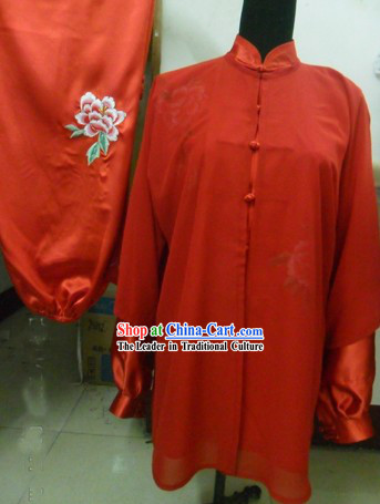 Chinese Red Silk Embroidered Flower Wushu Clothing and Veil Set