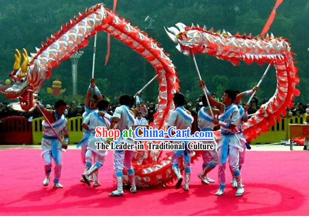 Supreme Red and Silver Net Dragon Dance Head and Costumes Complete Set