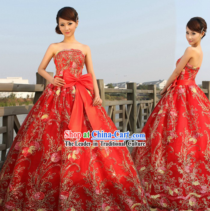 Chinese Lucky Red Wedding Evening Dress for Brides