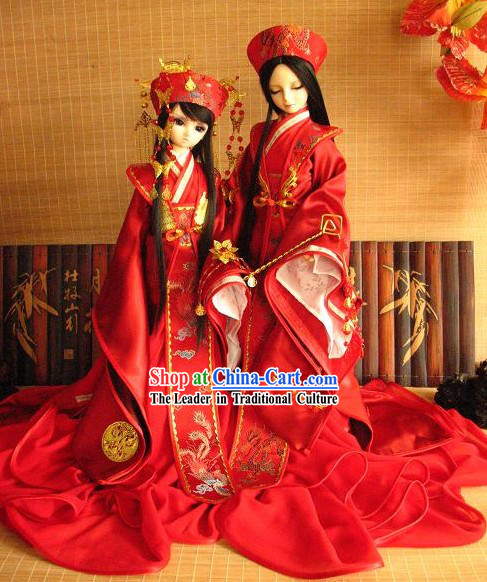 Traditional Chinese Bride and Bridegroom Wedding Dress and Hair Accessories 2 Complete Sets