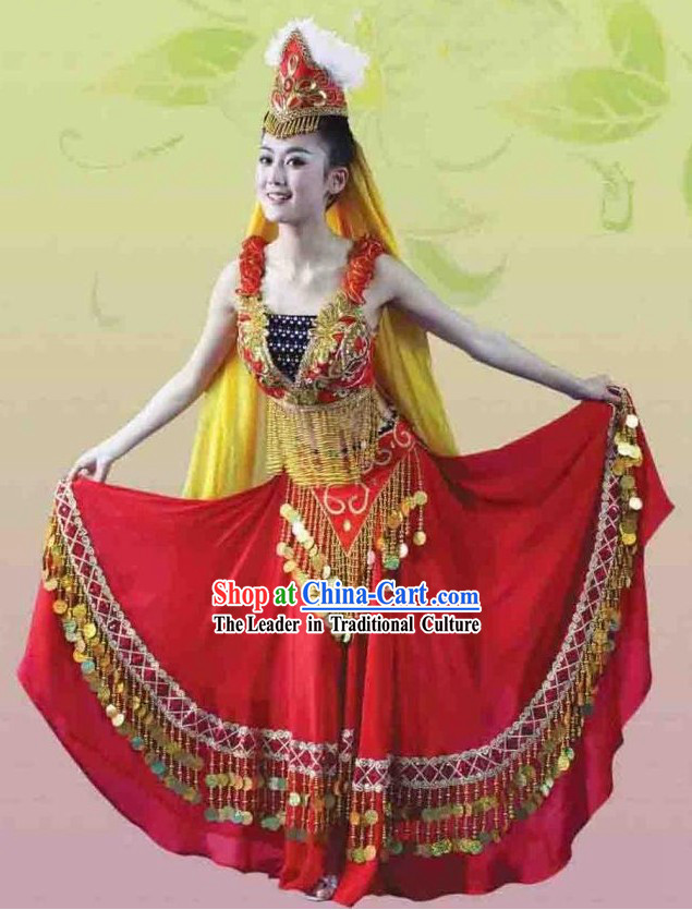 China Xinjiang Uyghur Nationality Female Dance Costume and Hat
