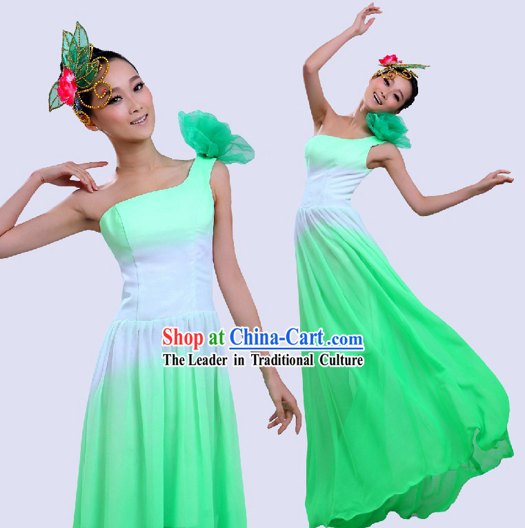 Chinese Color Transition Green Fan Folk Dancing Costume for Women