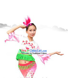 Chinese Classic Lotus Dance Costume and Lotus Headwear Complete Set