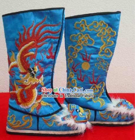 Chinese Classical Blue Embroidered Dragon Long Boots for Men