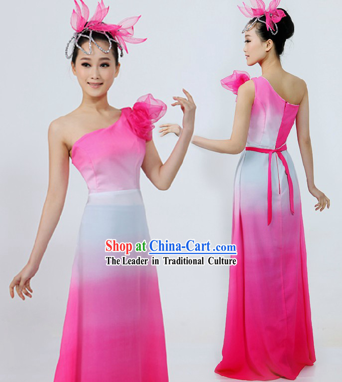 Chinese Pink and White Color Transition Group Dance Costume and Headpiece