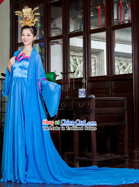 Ancient Chinese Blue Long Tail Hanfu Clothing for Women