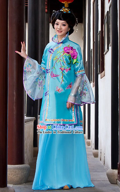 Traditional Chinese Blue High Collar Butterfly and Flower Clothing