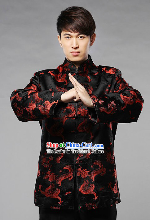 Traditional Chinese Black Blouse with Red Dragon