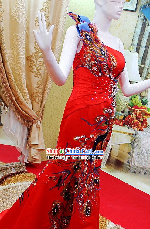 Chinese Classical Red Phoenix Long Evening Dress