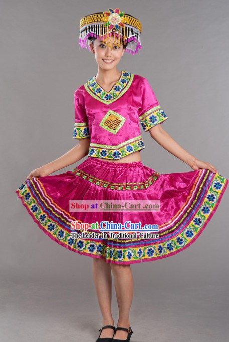 Chinese Miao Ethnic Stage Performance Dance Costumes and Hat for Women