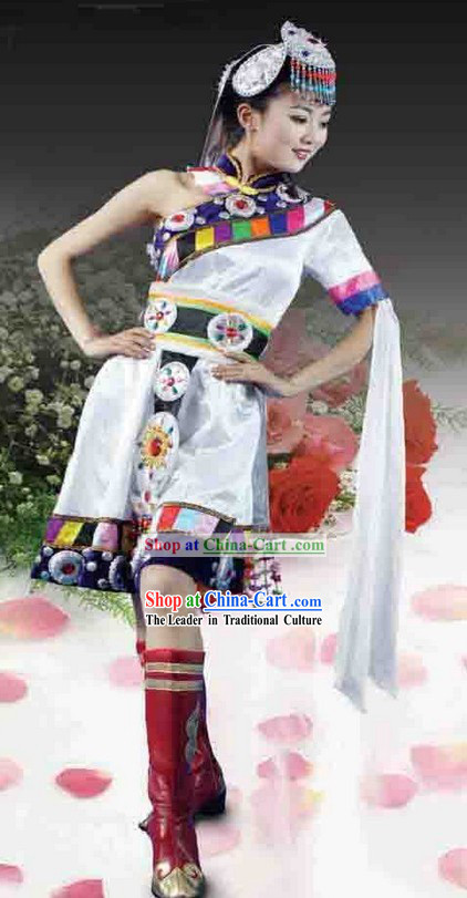 Chinese Tibetan Ethnic Stage Performance Dance Costumes and Headpiece for Women