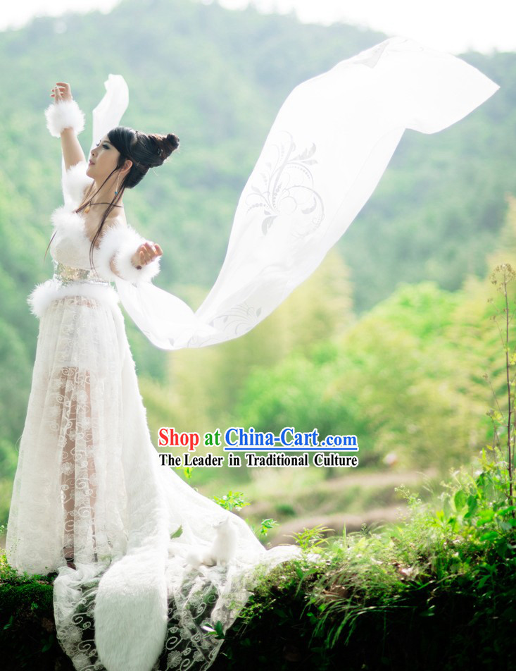Ancient Chinese Fox Fairy White Costumes Complete Set