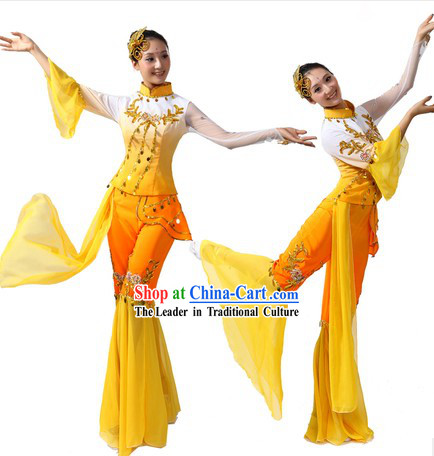 Chinese Stage Performance Ribbon Handkerchief and Fan Dance Costumes and Headwear for Women