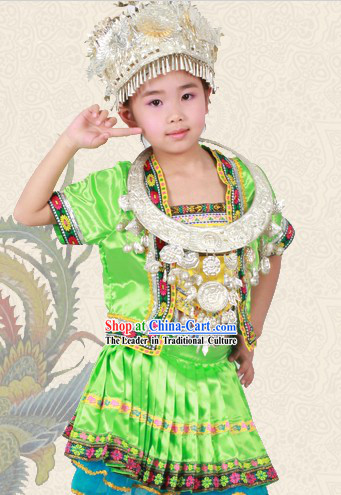 Green Chinese Miao Ethnic Group Clothing and Hat for Children