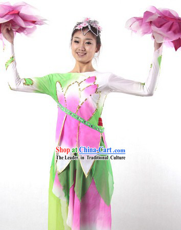Traditional Chinese Lotus Dance Costume and Headwear for Women