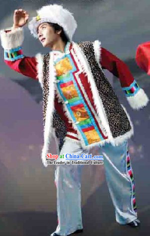 Traditional Chinese Tibetan Dance Dresses and Hat Complete Set for Men