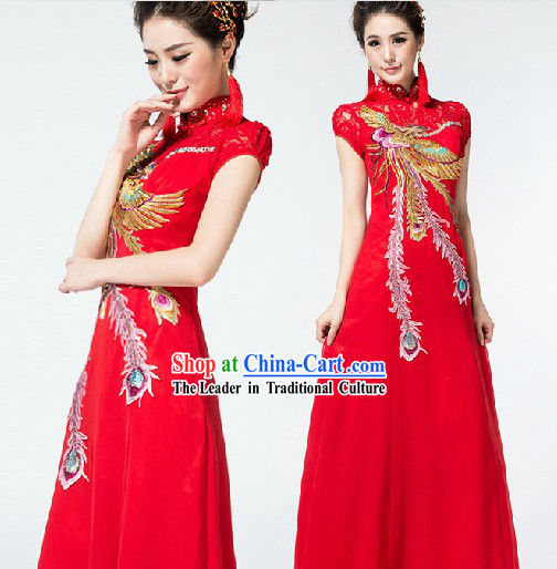 Red Long Chinese Wedding Cheongsam with Phoenix Embroidery