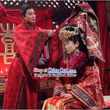 Phoenix and Peony Television Drama Bride and Bridegroom Costumes and Headwear Complete Set