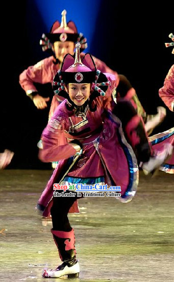 Stage Performance Mongolian Dance Costumes and Hat Complete Set for Women