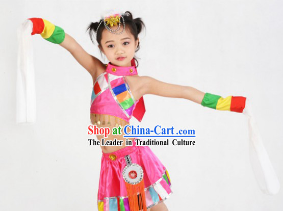 Chinese Tibetan Festival Celebration Dance Costumes and Headdress Complete Set for Kids