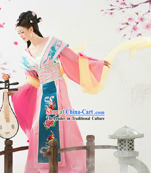 Ancient Chinese Pink Phoenix Clothing and Headwear Complete Set