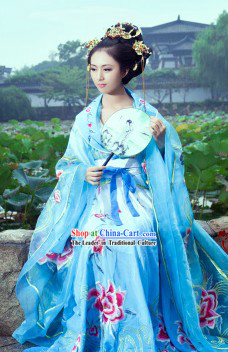 Blue Ancient Princess Dance Costumes and Headwear Complete Set