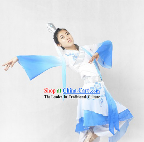 Blue and White Chinese Classical Dance Costumes and Headdress for Women