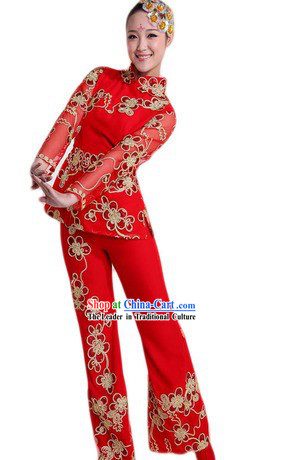 Traditional Chinese Red Dance Costumes and Headpiece for Ladies
