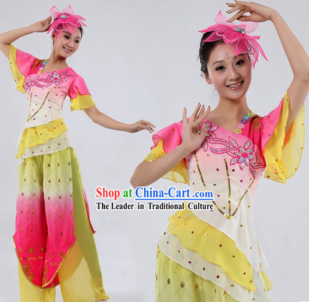 Traditional Chinese Fan or Ribbon Dance Costumes and Headpiece for Women