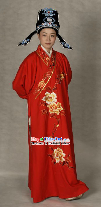 Ancient Chinese Opera Red Wedding Robe and Hat for Bridegrooms
