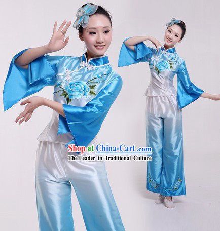 Traditional Chinese Fan Dance Costumes and Headpiece for Women