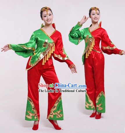 Traditional Chinese Stage Performance Fan Dancing Costumes and Headpieces for Women