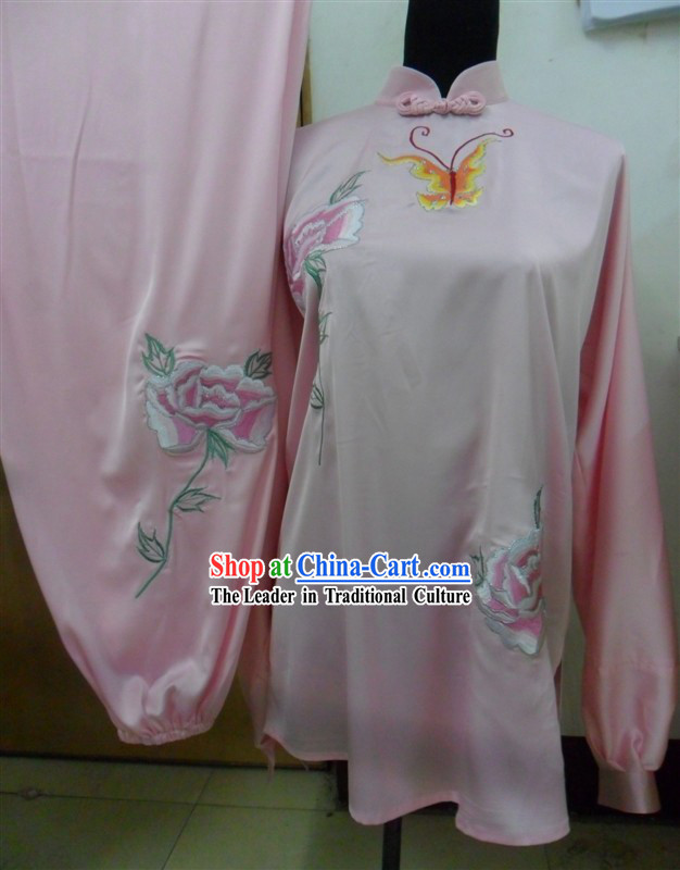 Pink Long Sleeves Flower Butterfly Embroidery Martial Arts and Tai Chi Outfit Complete Set for Women
