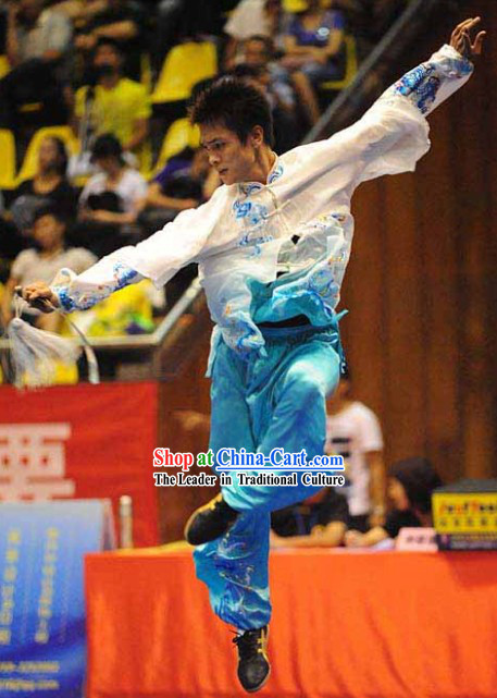 Blue and White Colour Transition Silk Kung Fu Suit for Men