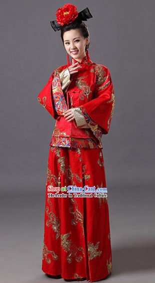 Chinese Classical Red Wedding Phoenix Outfit and Wig