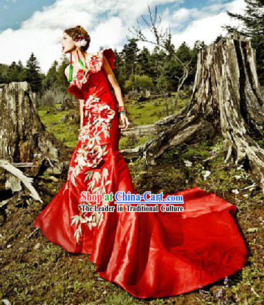 Lucky Red Embroidered Flower Fish Tail Long Toasting Evening Dress