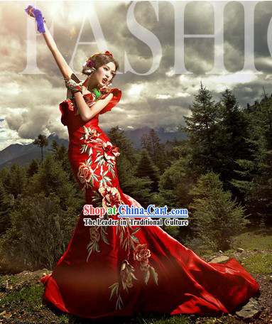 Traditional Chinese Red Peony Wedding Dress Long Skirt