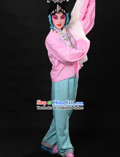 Traditional Chinese Pink Beijing Opera Hua Dan Long Sleeves Practice Blouse and Pants