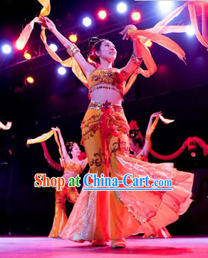 Chinese Dunhuang Stage Performance Dance Costumes and Headwear for Women