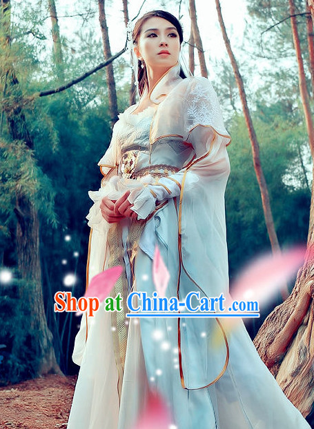 Ancient Chinese High Collar White Princess Dancewear and Headwear Complete Set