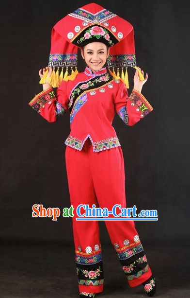 Traditional Chinese Zhuang Stage Performance Costumes and Hat