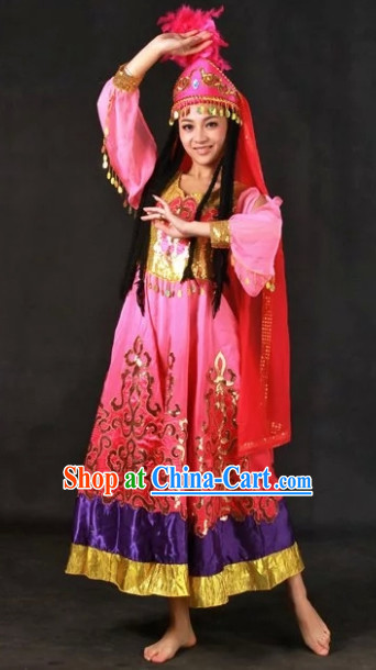 Xinjiang Ethnic Traditional Dresses and Hat Complete Set for Girls