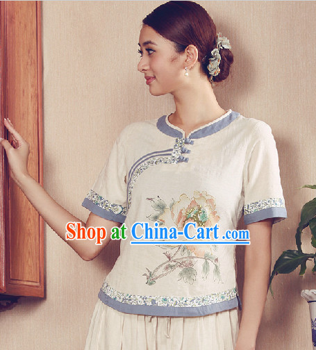 Hands Painted Summer Wear Mandarin Traditional Shirt for Women