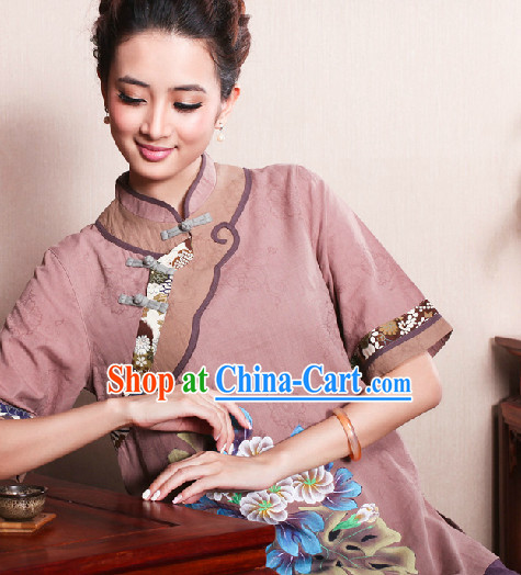 Hands Painted Peony Mandarin Traditional Top for Women