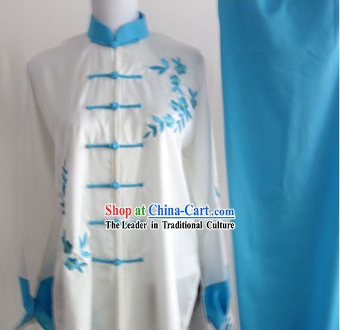 Blue Flower Embroidery Long Sleeves Kung Fu Uniform Complete Set